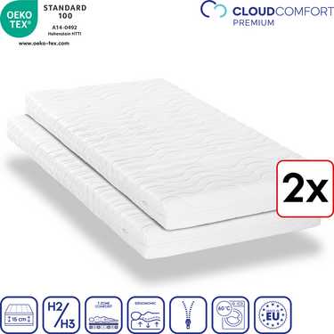 Colchón doble premium de 7 zonas CloudComfort 100x200 cm, altura 15 cm, nivel de firmeza H2/H3, juego gemelo