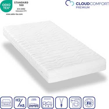 Colchón Premium de 7 zonas CloudComfort 80x200 cm, altura 15 cm, nivel de firmeza H2/H3