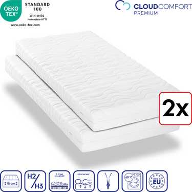 Colchón premium de 7 zonas 80x200 cm CloudComfort, altura 15 cm, nivel de firmeza H2/H3, juego gemelo