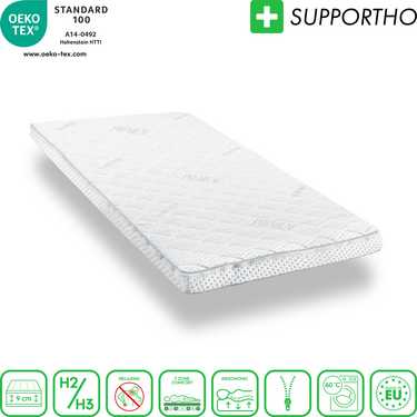 Supportho topper premium de espuma fría 80 x 200 cm H3, altura 9 cm, grado de dureza H3 con funda antibacteriana