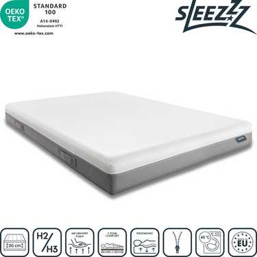 Colchón viscoelástico Sleezzz Premium 180 x 200 cm, altura 20 cm, nivel de firmeza H2/H3, con asas reversibles + 2 almohadas ajustables en altura Sleezzz® Smart