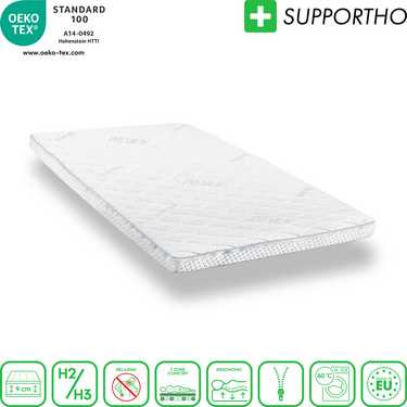 Topper de espuma fría Supportho Premium topper 120 x 200 cm H3, altura 9 cm, grado de dureza H3 con funda antibacteriana CloudComfort Basic almohada de copos de gel 40 x 80 cm