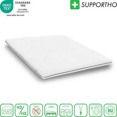 Supportho topper premium de espuma fría 140 x 200 cm H3, altura 9 cm, grado de dureza H3 con funda antibacteriana + Supportho almohada efecto gel 40 x 80 cm