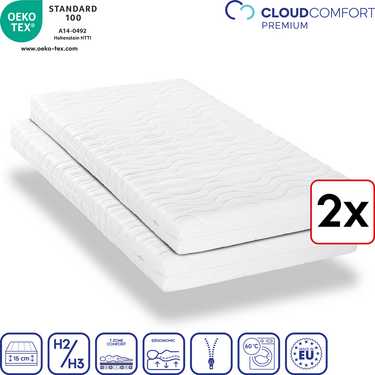 Colchón premium de 7 zonas 90x200 cm CloudComfort, altura 15 cm, nivel de firmeza H2/H3, juego gemelo