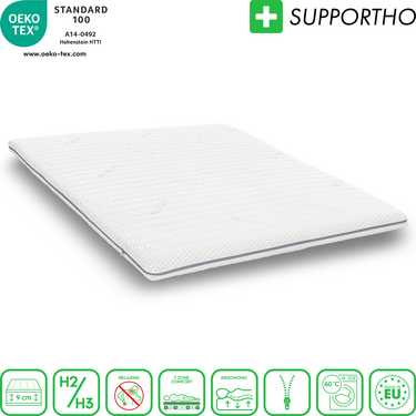 Supportho topper premium de espuma fría 180 x 200 cm H3, altura 9 cm, grado de firmeza H3 con funda antibacteriana